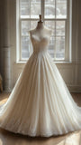 Ndyad A-line V-neck lace tulle long prom dress, white wedding dress HZ1024