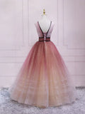 Ndyad v neck burgundy tulle long prom dress, tulle formal dress HZ1024