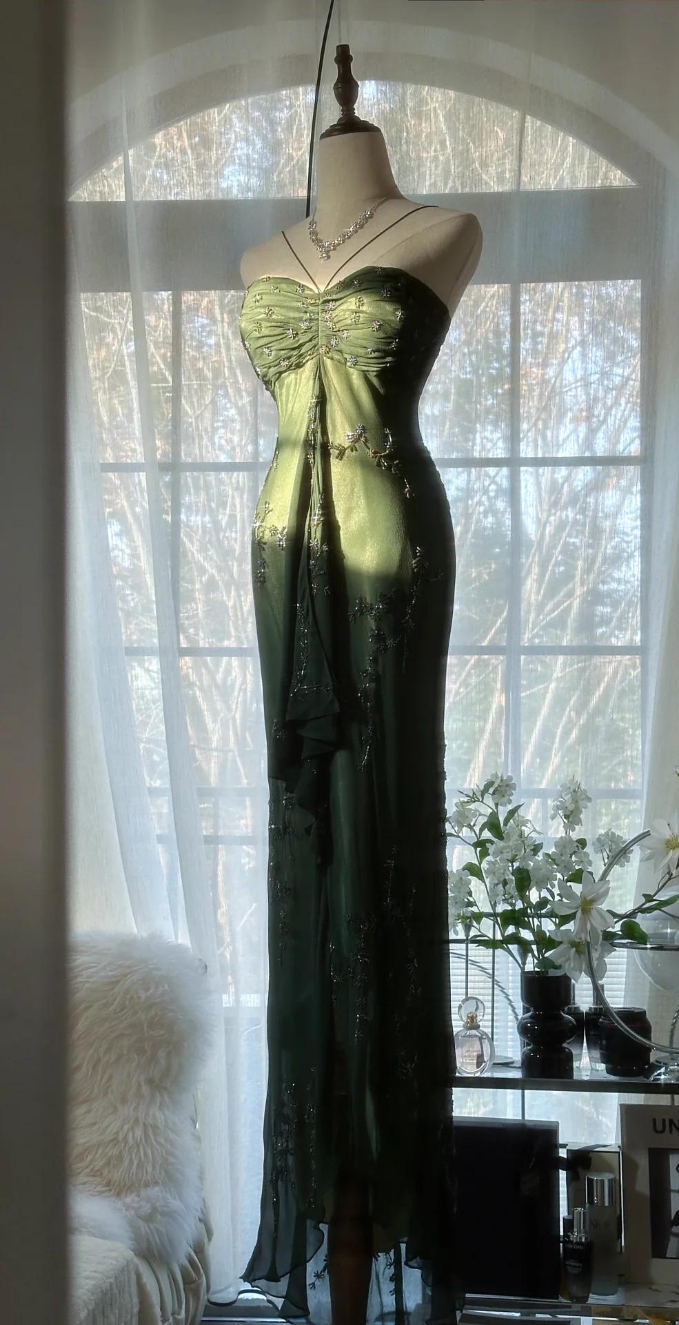Ndyad Forest Green Spaghetti Straps Long Prom Dresses Glitter Chiffon Beaded Elegant Party Dresses HZ1024