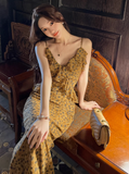 Evafashion retro leopard print v-neck ruffled chiffon suspender dress HZ1024