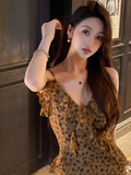 Evafashion retro leopard print v-neck ruffled chiffon suspender dress HZ1024