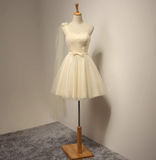 Evafashion A-line sweetheart neck tulle short prom dress, champagne bridesmaid dress HZ1024