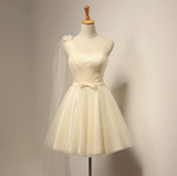 Evafashion A-line sweetheart neck tulle short prom dress, champagne bridesmaid dress HZ1024