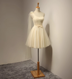 Evafashion A-line sweetheart neck tulle short prom dress, champagne bridesmaid dress HZ1024