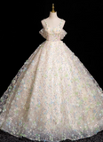 Ndyad A-line sweetheart neck tulle beaded long prom dress, champagne formal long dress HZ1024