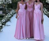 Ndyad Spaghetti Straps A Line Prom Dress Satin Pink Long Bridesmaid Dresses HZ1024