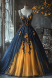 Ndyad A-Line V-neck Tulle Applique Long Prom Dress Lace Evening Dress HZ1024