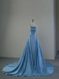 Ndyad Strapless A-Line Satin Long Prom Dress, Blue Formal Evening Dress HZ1024