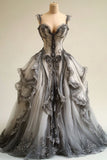 Ndyad V-neck Lace Tulle Long Ball Gown, Vintage Formal Dress HZ1024
