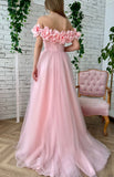 Ndyad A-Line Tulle Off The Shoulder Long Evening Prom Dress With Slit HZ1024