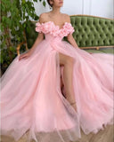 Ndyad A-Line Tulle Off The Shoulder Long Evening Prom Dress With Slit HZ1024