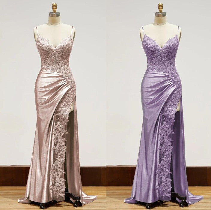 Ndyad Black Spaghetti Straps Evening Dresses Satin Sheath Long Prom Dresses with Slits HZ1024
