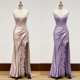 Ndyad Black Spaghetti Straps Evening Dresses Satin Sheath Long Prom Dresses with Slits HZ1024