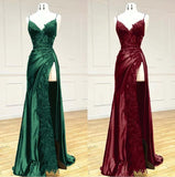 Ndyad Black Spaghetti Straps Evening Dresses Satin Sheath Long Prom Dresses with Slits HZ1024