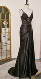 Ndyad Black Spaghetti Straps Evening Dresses Satin Sheath Long Prom Dresses with Slits HZ1024