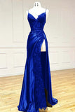 Ndyad Black Spaghetti Straps Evening Dresses Satin Sheath Long Prom Dresses with Slits HZ1024