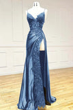 Ndyad Black Spaghetti Straps Evening Dresses Satin Sheath Long Prom Dresses with Slits HZ1024
