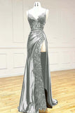 Ndyad Black Spaghetti Straps Evening Dresses Satin Sheath Long Prom Dresses with Slits HZ1024