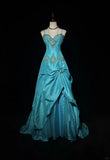 Ndyad A-Line Spaghetti Straps Satin Beaded Long Prom Dress Sweetheart Neck Applique Graduation Prom Dress HZ1024
