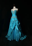 Ndyad A-Line Spaghetti Straps Satin Beaded Long Prom Dress Sweetheart Neck Applique Graduation Prom Dress HZ1024