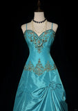 Ndyad A-Line Spaghetti Straps Satin Beaded Long Prom Dress Sweetheart Neck Applique Graduation Prom Dress HZ1024