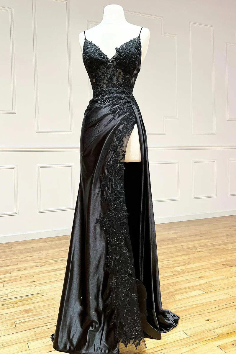 Ndyad Black Spaghetti Straps Evening Dresses Satin Sheath Long Prom Dresses with Slits HZ1024