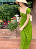 Ndyad long skirt beautiful green square collar fashion dress summer HZ1024