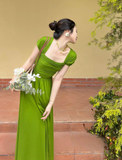 Ndyad long skirt beautiful green square collar fashion dress summer HZ1024