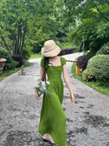 Ndyad long skirt beautiful green square collar fashion dress summer HZ1024