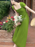 Ndyad long skirt beautiful green square collar fashion dress summer HZ1024