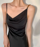 Ndyad gentle style French dress women's sway collar acetate sling asymmetrical oblique collar design niche temperament long skirt HZ1024