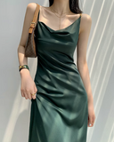 Ndyad gentle style French dress women's sway collar acetate sling asymmetrical oblique collar design niche temperament long skirt HZ1024