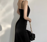 Ndyad gentle style French dress women's sway collar acetate sling asymmetrical oblique collar design niche temperament long skirt HZ1024