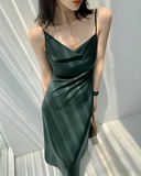 Ndyad gentle style French dress women's sway collar acetate sling asymmetrical oblique collar design niche temperament long skirt HZ1024