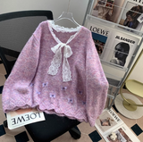 Ndyad and sweet lace bow sequined V-neck sweater HZ1024