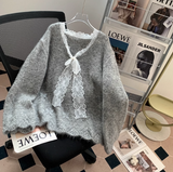 Ndyad and sweet lace bow sequined V-neck sweater HZ1024