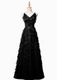 Ndyad A-line V-neck satin long prom dress, black evening dress HZ1024