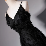 Ndyad A-line V-neck satin long prom dress, black evening dress HZ1024