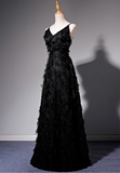 Ndyad A-line V-neck satin long prom dress, black evening dress HZ1024