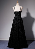 Ndyad A-line V-neck satin long prom dress, black evening dress HZ1024