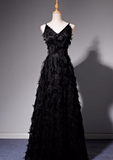 Ndyad A-line V-neck satin long prom dress, black evening dress HZ1024