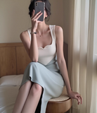 Ndyad retro contrast color splicing V-neck knitted dress women's autumn and winter temperament slim bottoming hip suspender skirt HZ1024