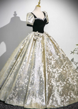 Ndyad A-line square neck satin velvet long prom dress, black evening dress HZ1024