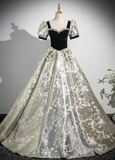 Ndyad A-line square neck satin velvet long prom dress, black evening dress HZ1024