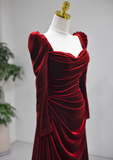 Ndyad A-line square neck velvet long sleeves long prom dress, Burgundy evening dress HZ1024