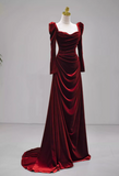 Ndyad A-line square neck velvet long sleeves long prom dress, Burgundy evening dress HZ1024