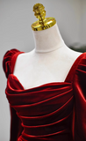 Ndyad A-line square neck velvet long sleeves long prom dress, Burgundy evening dress HZ1024