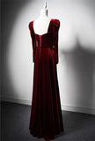 Ndyad A-line square neck velvet long sleeves long prom dress, Burgundy evening dress HZ1024