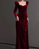 Ndyad A-line square neck velvet long sleeves long prom dress, Burgundy evening dress HZ1024