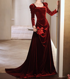 Ndyad A-line square neck velvet long sleeves long prom dress, Burgundy evening dress HZ1024